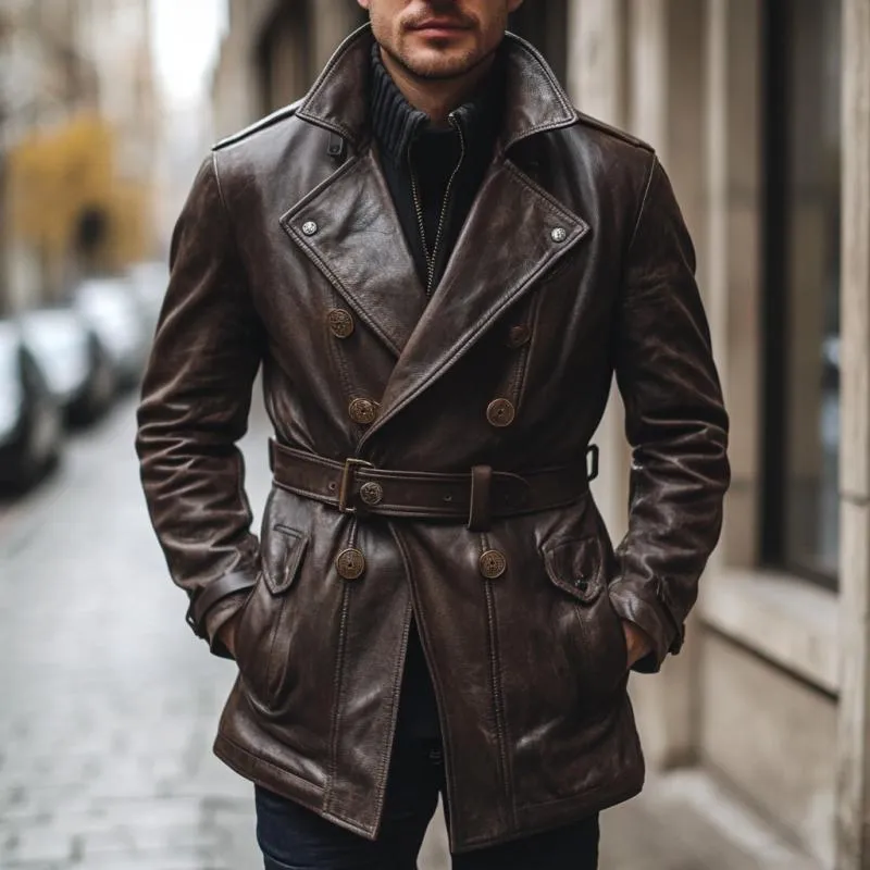 Men's Vintage Notched Lapel Double Breasted Belted Slim Fit Leather Coat 79683327M sold by Manly product image thumbnail 2