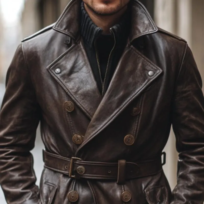 Men's Vintage Notched Lapel Double Breasted Belted Slim Fit Leather Coat 79683327M sold by Manly product image thumbnail 3