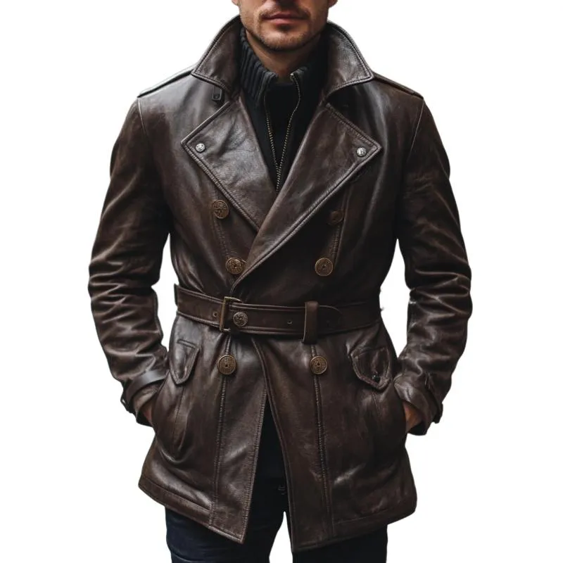 Men's Vintage Notched Lapel Double Breasted Belted Slim Fit Leather Coat 79683327M sold by Manly