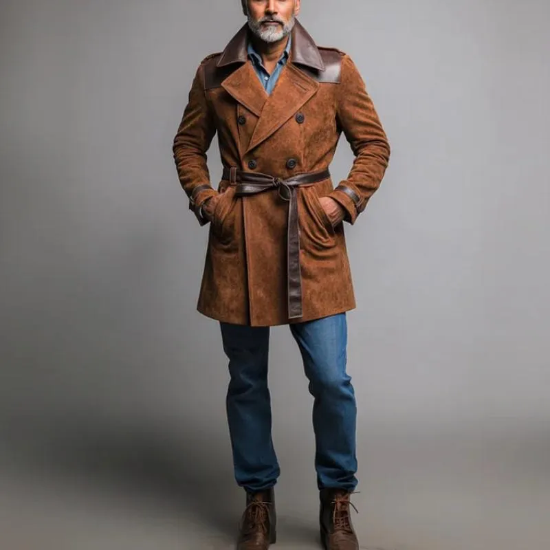Men's Suede And Pu Leather Double-Breasted Belted Trench Coat 37847399Y sold by Manly product image thumbnail 3