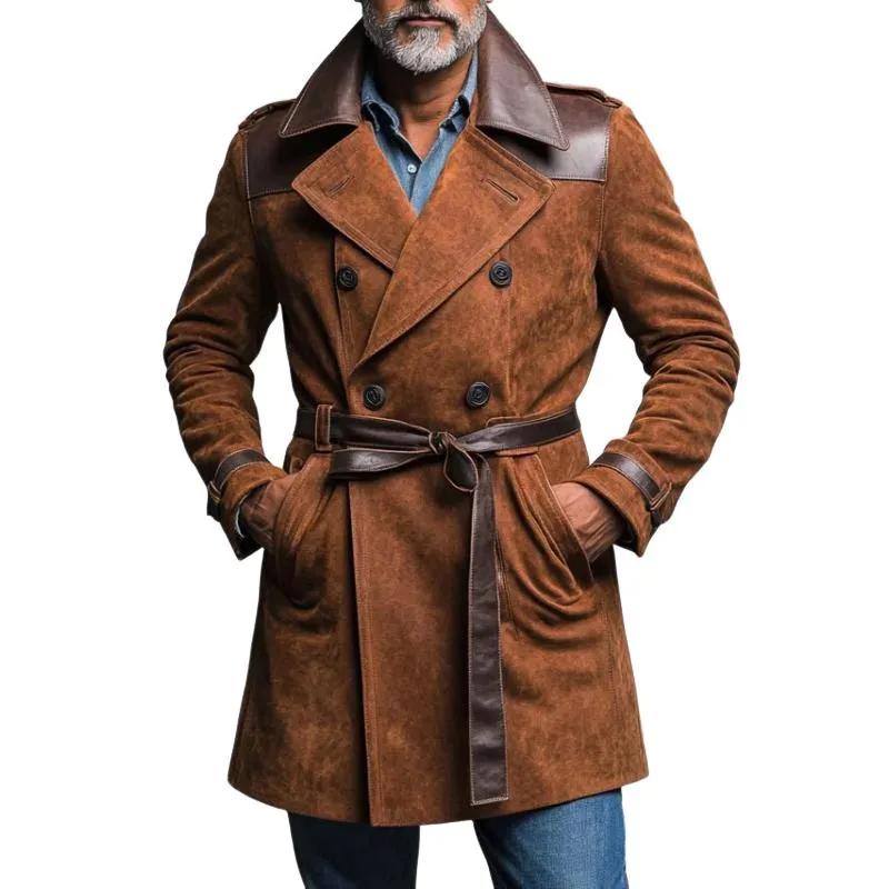 Men's Suede And Pu Leather Double-Breasted Belted Trench Coat 37847399Y sold by Manly
