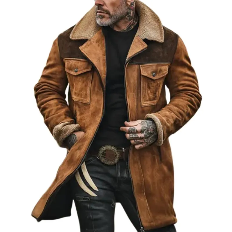 Men's Colorblock Suede and Polar Fleece Lapel Mid-Length Coat 40617808Y sold by Manly