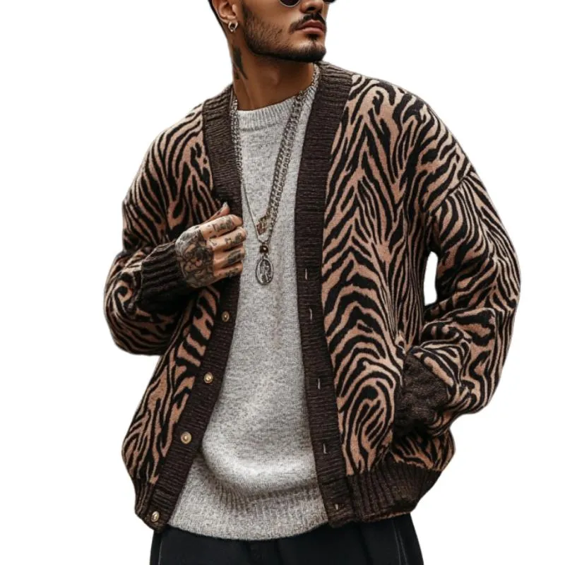 Men's Vintage Zebra Jacquard Collarless Knit Cardigan 95417741Y sold by Manly