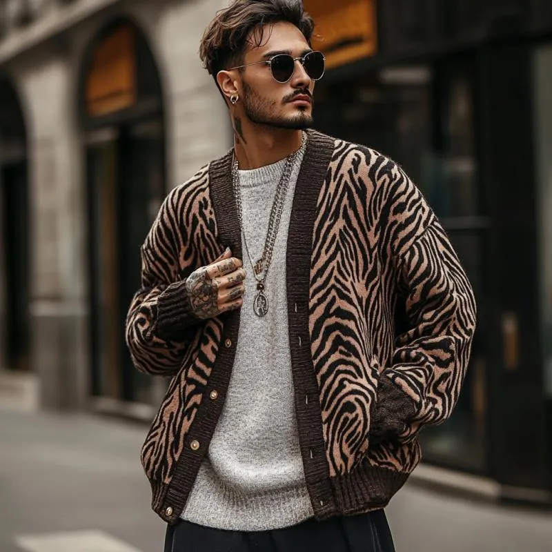 Men's Vintage Zebra Jacquard Collarless Knit Cardigan 95417741Y sold by Manly product image thumbnail 3