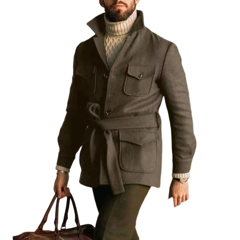 Men's Solid Color Slim-fit Stand Collar Woolen Coat 23503335U sold by Manly