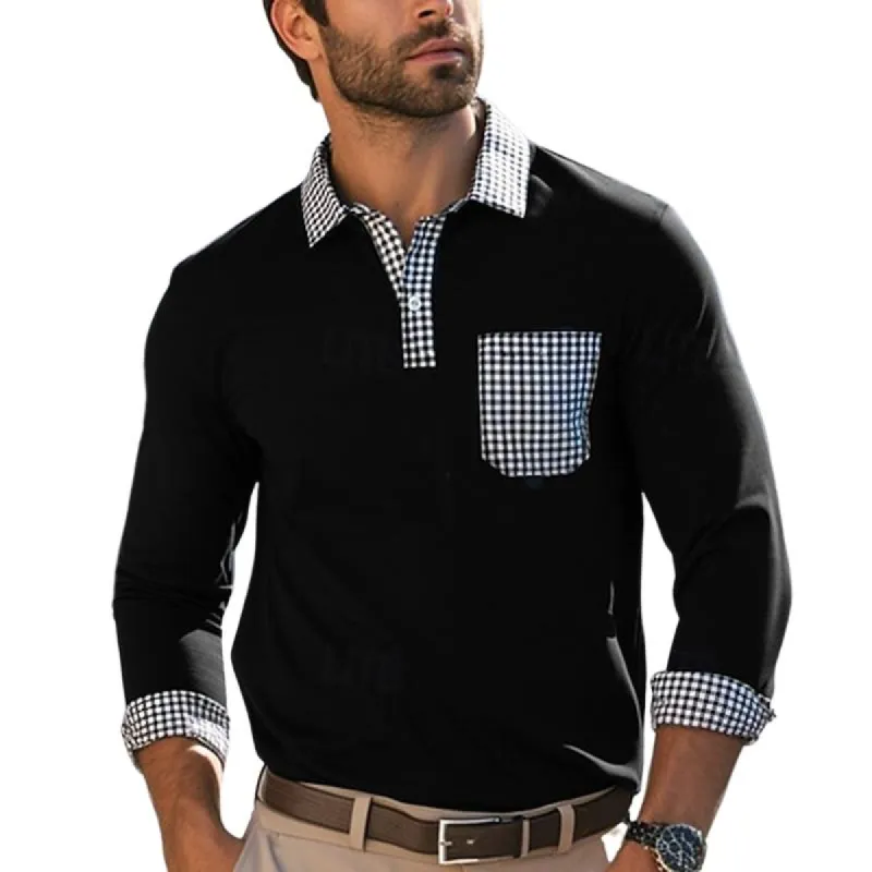 Men's Lapel Plaid Patchwork Button Long Sleeve Polo Shirt 08297737U sold by Manly