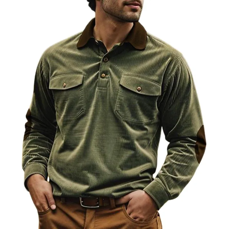Men's Corduroy Contrast Color Vintage Long Sleeve POLO Shirt 77919381X sold by Manly