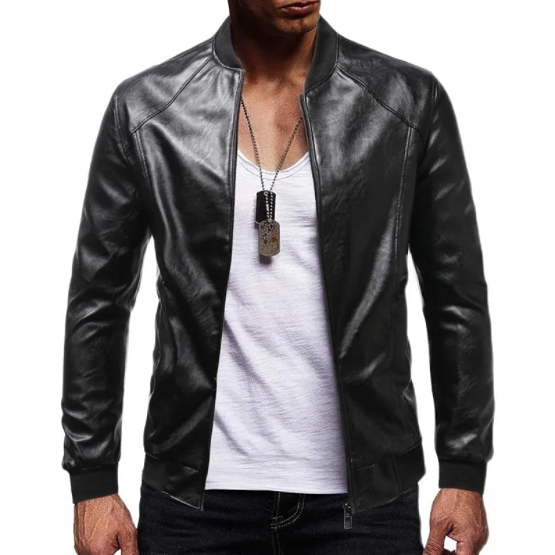 Men's Solid Collar Zipper Leather Jacket 70056589X sold by Manly