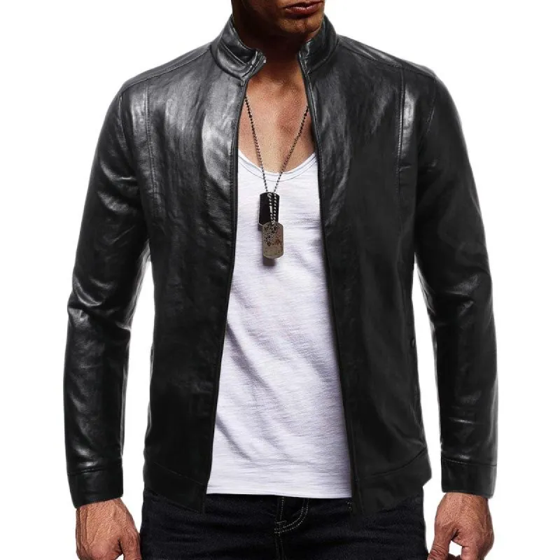 Men's Vintage Biker Solid Color Stand Collar Zipper Leather Jacket 86819331X sold by Manly