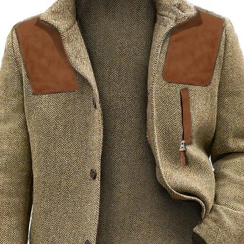 Men's Vintage Herringbone Stand Collar Suede Patchwork Slim Fit Coat 48861421M sold by Manly product image thumbnail 3