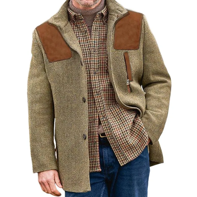 Men's Vintage Herringbone Stand Collar Suede Patchwork Slim Fit Coat 48861421M sold by Manly product image thumbnail 2