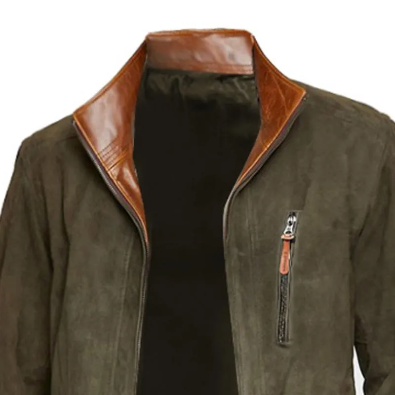 Men's Vintage Stand Collar Suede Leather Patchwork Loose Zip Jacket 66777786M sold by Manly product image thumbnail 2
