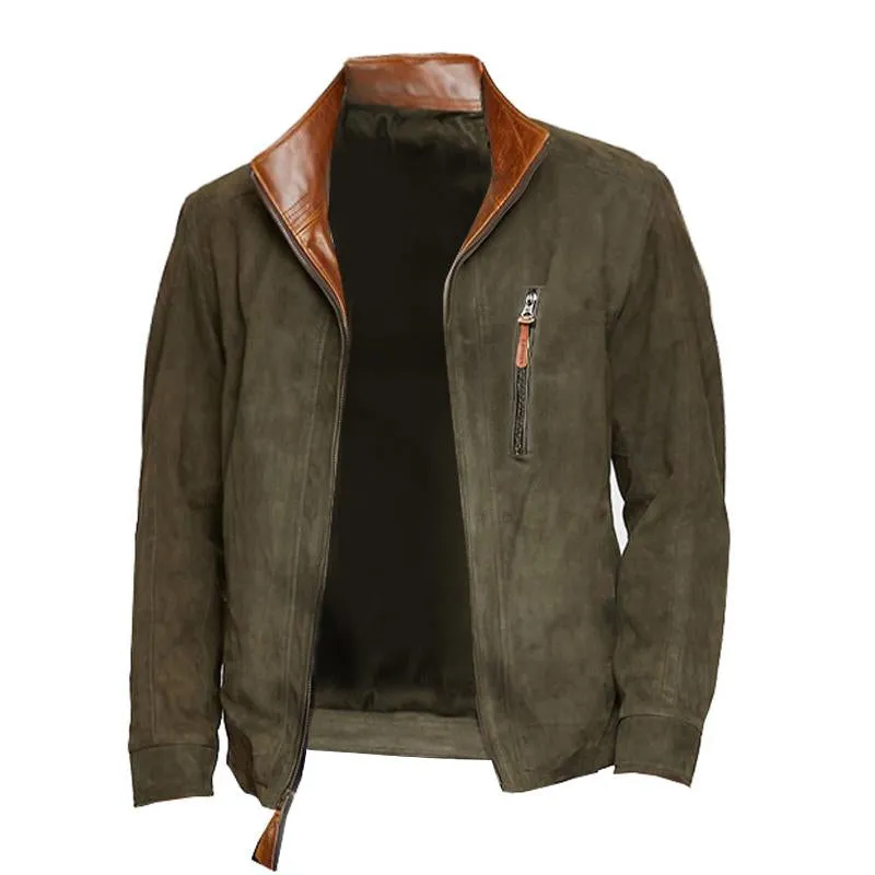 Men's Vintage Stand Collar Suede Leather Patchwork Loose Zip Jacket 66777786M sold by Manly