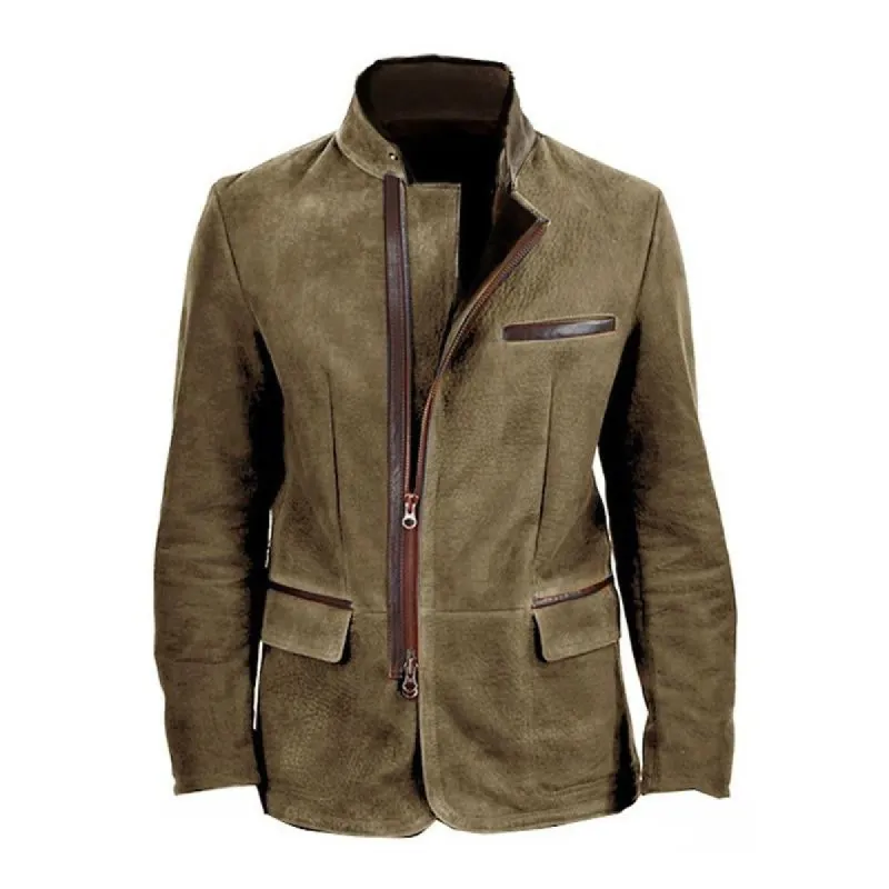 Men's Vintage Stand Collar Suede Leather Patchwork Slim Fit Blazer 61339916M sold by Manly