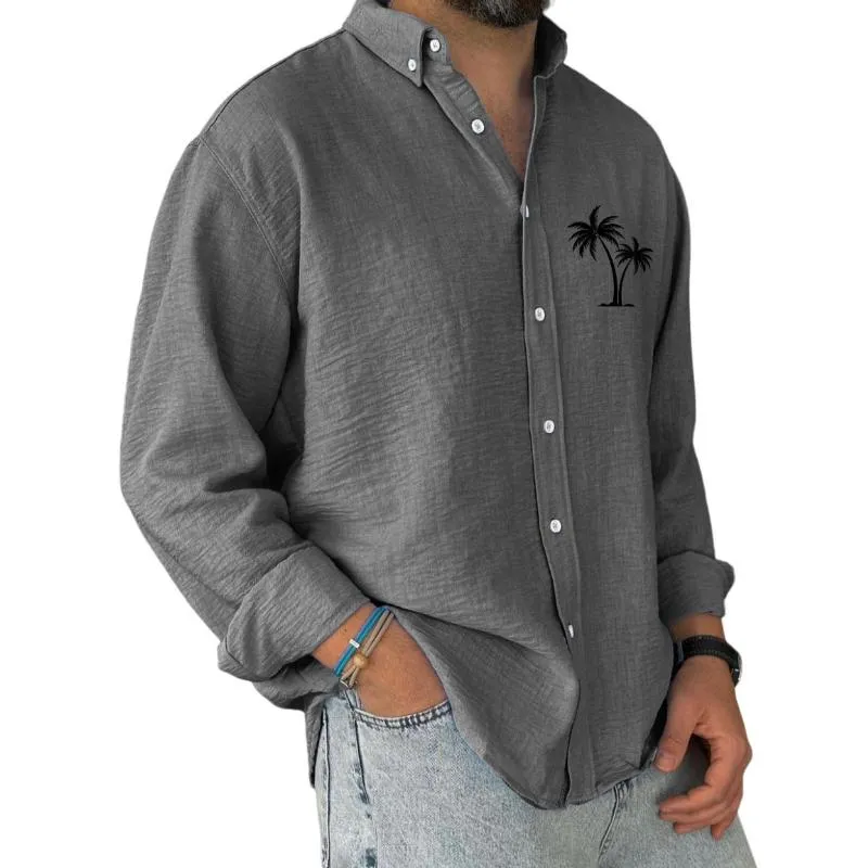 Men's Coconut Tree Printed Cotton and Linen Long Sleeve Shirt 71806796Y sold by Manly product image thumbnail 3