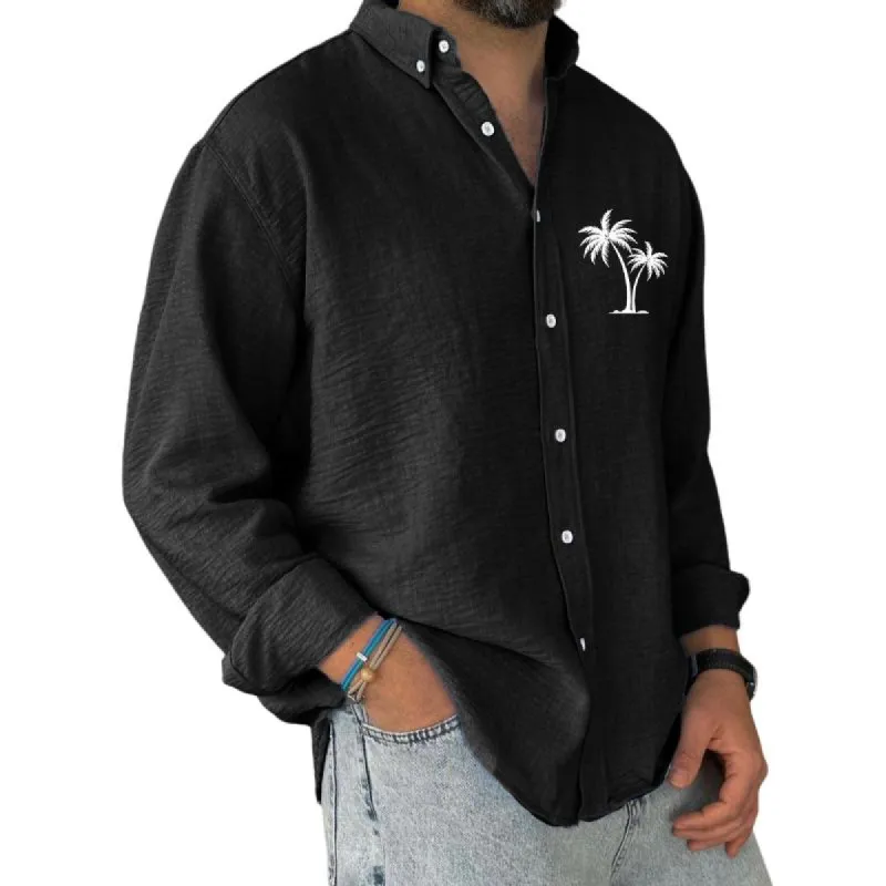 Men's Coconut Tree Printed Cotton and Linen Long Sleeve Shirt 71806796Y sold by Manly