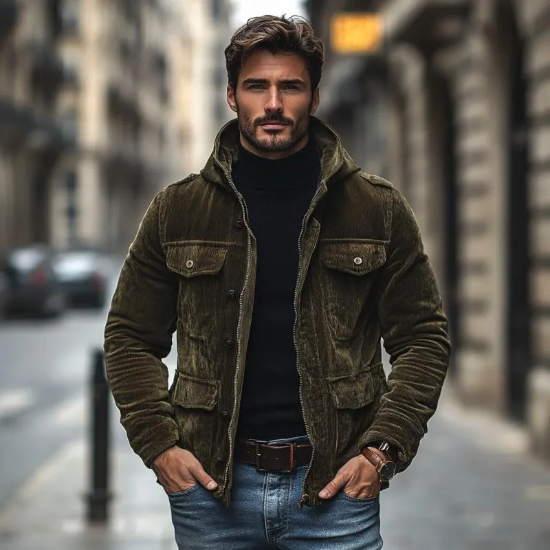 Men's Casual Outdoor Warm Corduroy Multi-Pocket Zipper Hooded Jacket 97290225M sold by Manly product image thumbnail 3