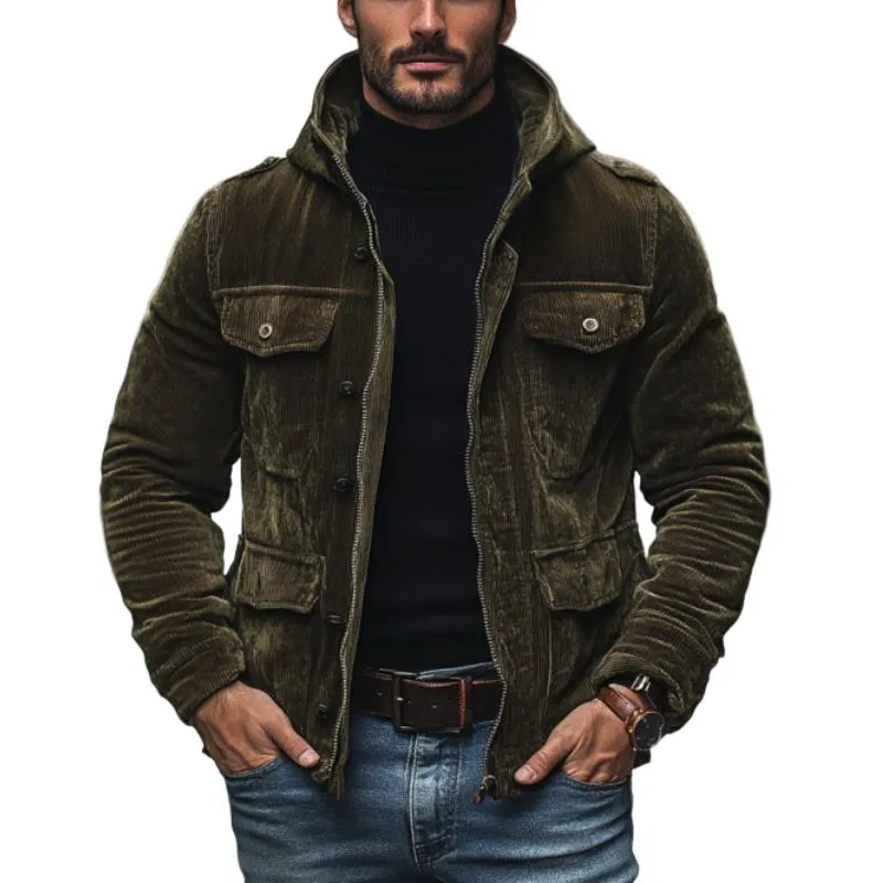 Men's Casual Outdoor Warm Corduroy Multi-Pocket Zipper Hooded Jacket 97290225M sold by Manly