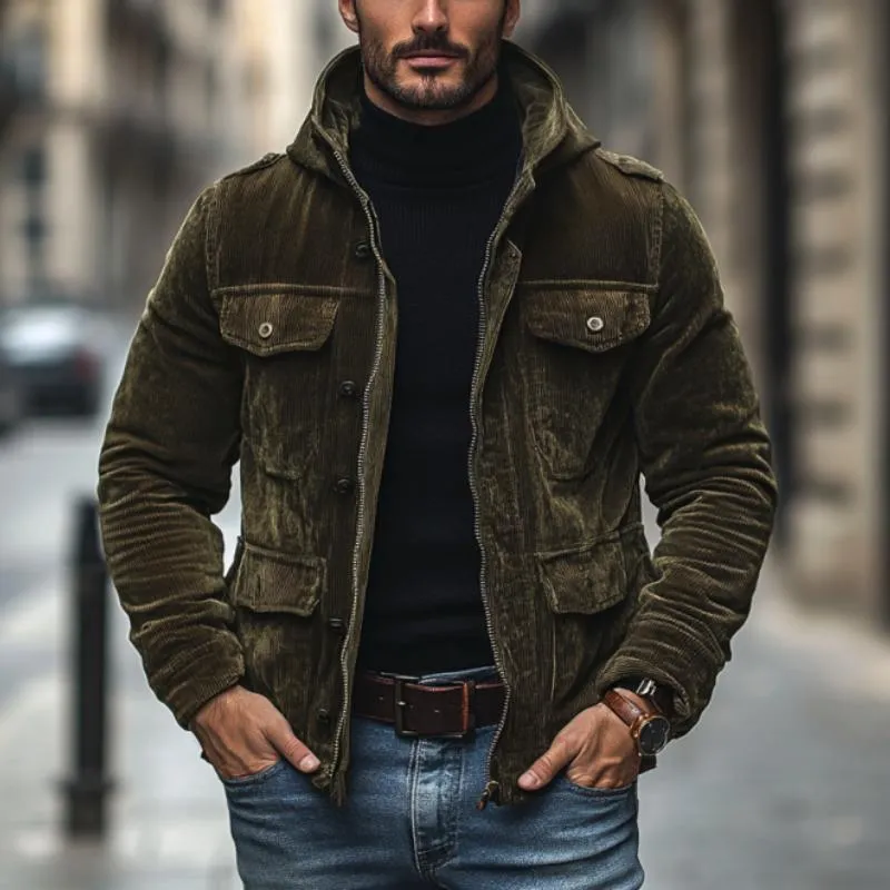 Men's Casual Outdoor Warm Corduroy Multi-Pocket Zipper Hooded Jacket 97290225M sold by Manly product image thumbnail 2