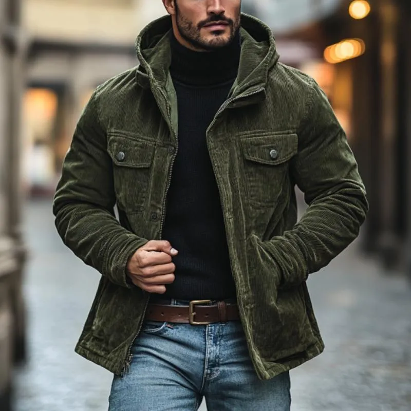 Men's Casual Outdoor Warm Corduroy Multi-Pocket Zipper Hooded Coat 83371663M sold by Manly product image thumbnail 2