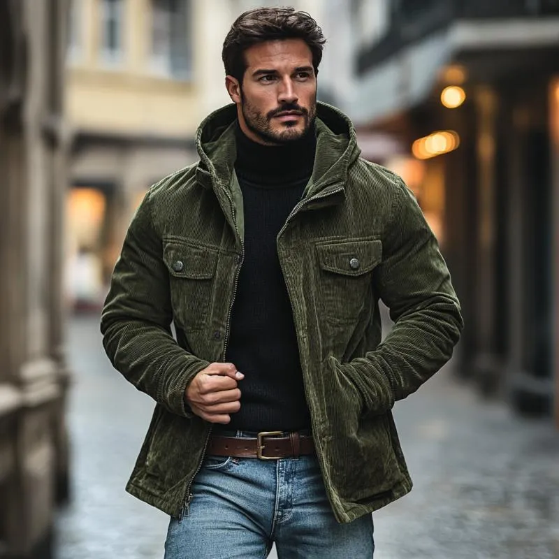 Men's Casual Outdoor Warm Corduroy Multi-Pocket Zipper Hooded Coat 83371663M sold by Manly product image thumbnail 3