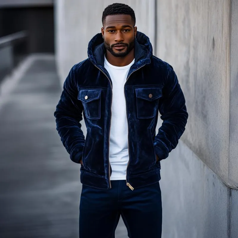 Men's Vintage Velvet Multi-Pocket Zipper Slim Fit Hooded Jacket 43517037M sold by Manly product image thumbnail 3