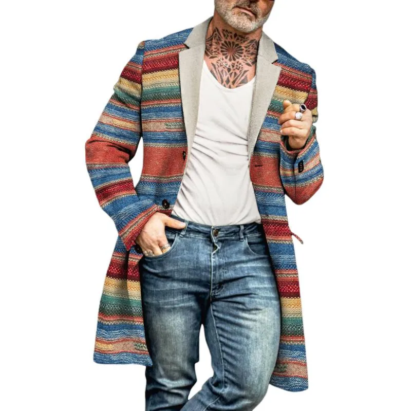 Men's Retro Casual Striped Printed Mid-Length Coat 20316317TO sold by Manly