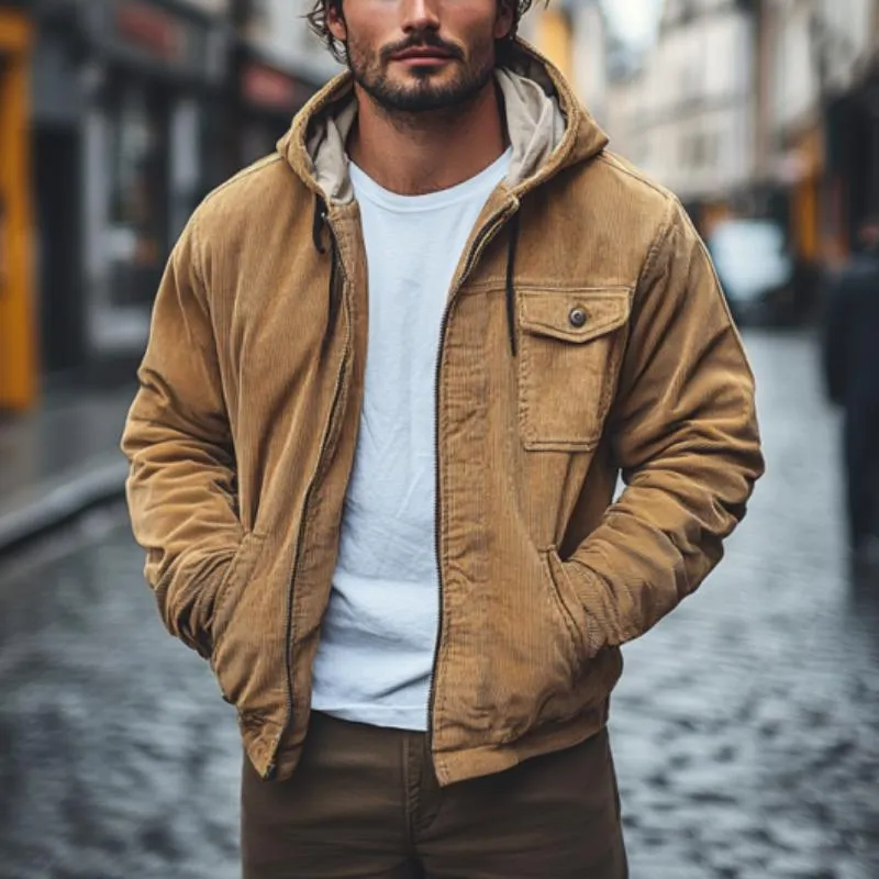 Men's Casual Corduroy Zip-Up Loose Hooded Bomber Jacket 14414701M sold by Manly product image thumbnail 2