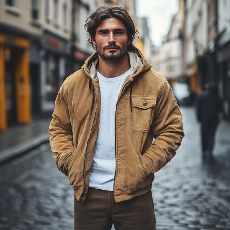 Men's Casual Corduroy Zip-Up Loose Hooded Bomber Jacket 14414701M sold by Manly product image thumbnail 3