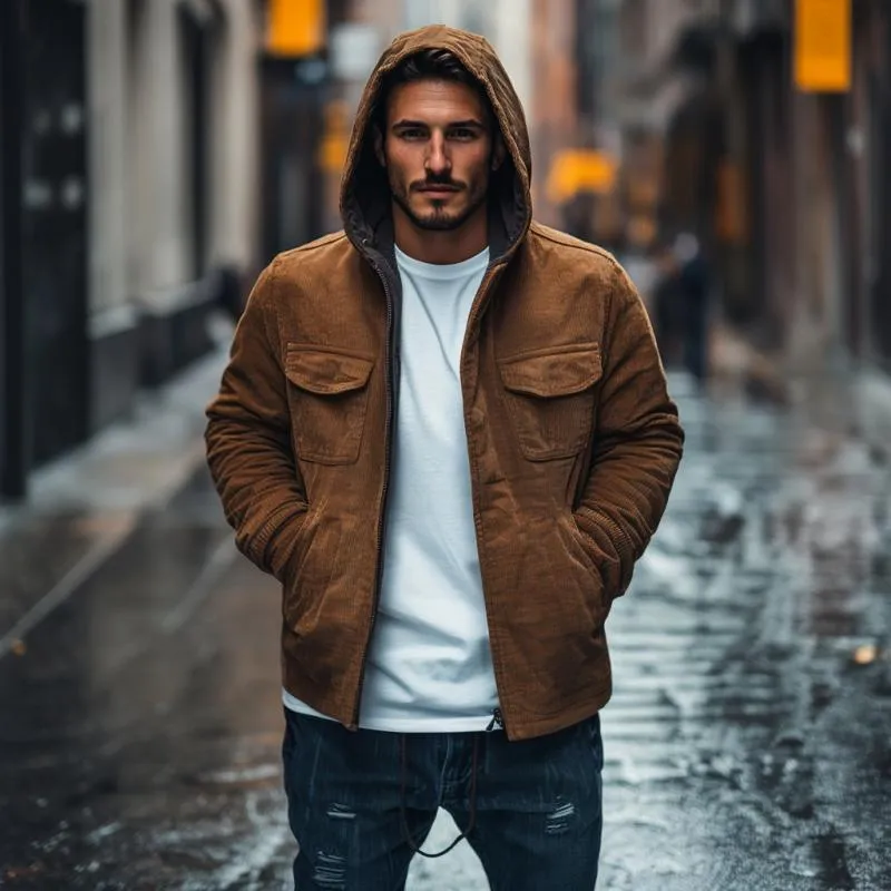 Men's Casual Outdoor Corduroy Zipper Loose Hooded Coat 86273619M sold by Manly product image thumbnail 2