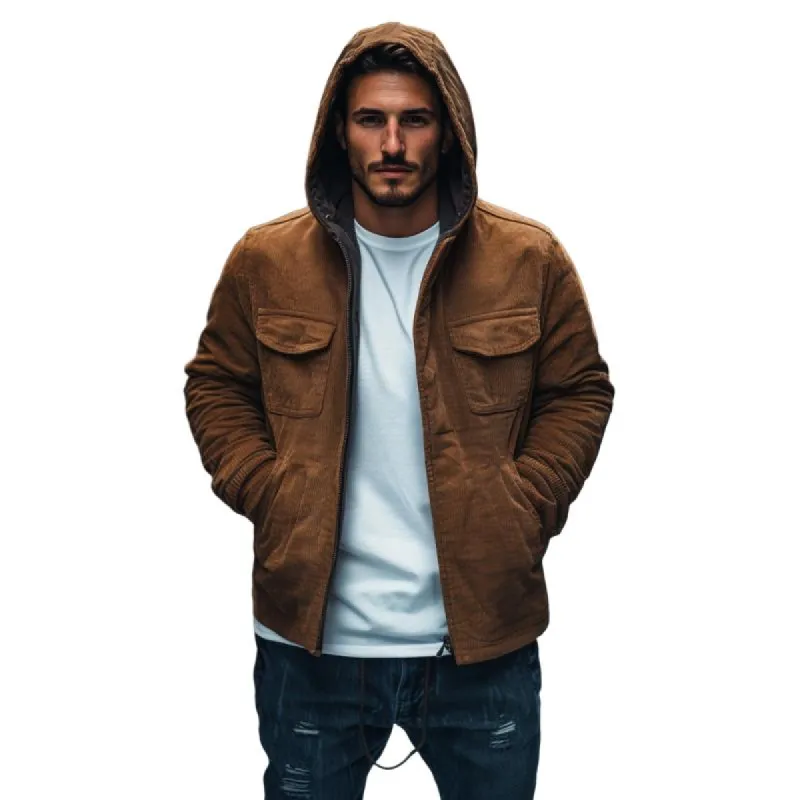 Men's Casual Outdoor Corduroy Zipper Loose Hooded Coat 86273619M sold by Manly
