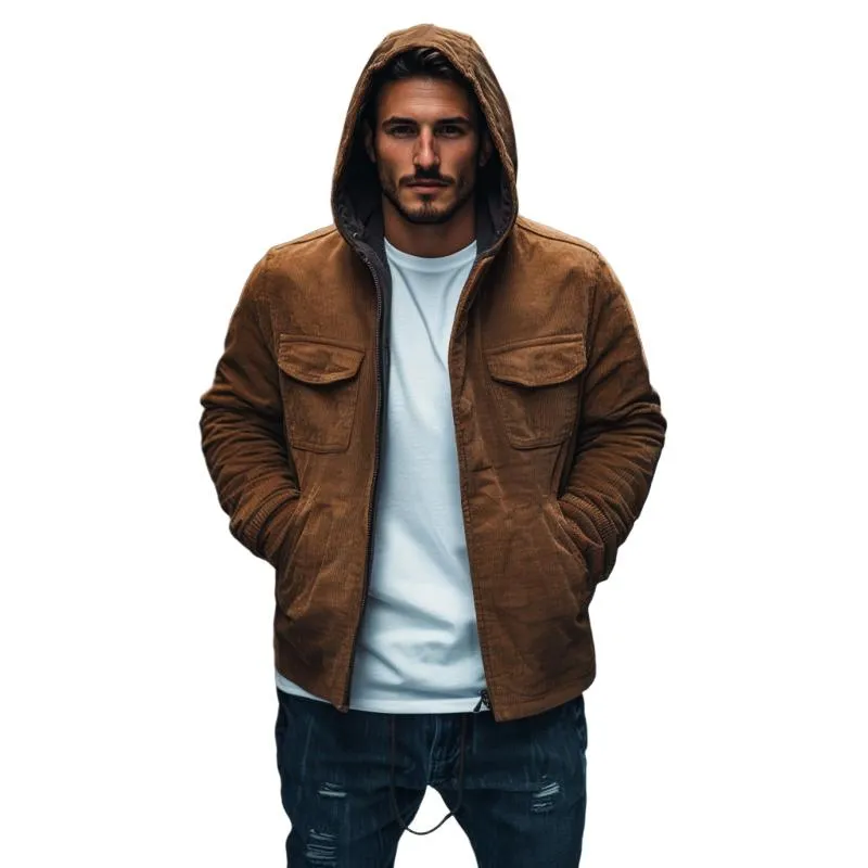 Men's Casual Outdoor Corduroy Zipper Loose Hooded Coat 86273619M sold by Manly
