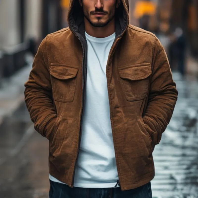 Men's Casual Outdoor Corduroy Zipper Loose Hooded Coat 86273619M sold by Manly product image thumbnail 3