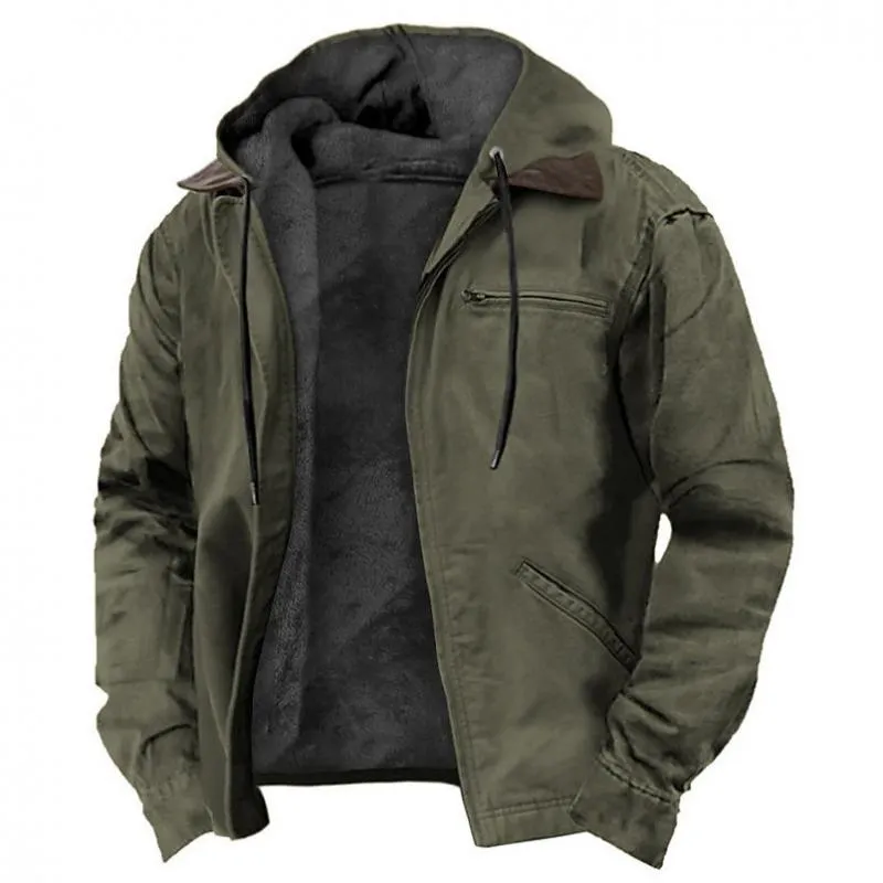 Men's Outdoor Fleece Inside Solid Color Hooded Multi-pocket Zipper Jacket 64952037Z sold by Manly product image thumbnail 3