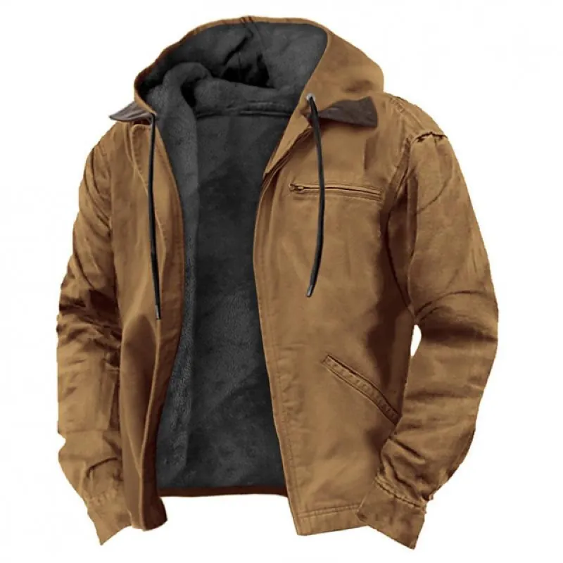 Men's Outdoor Fleece Inside Solid Color Hooded Multi-pocket Zipper Jacket 64952037Z sold by Manly