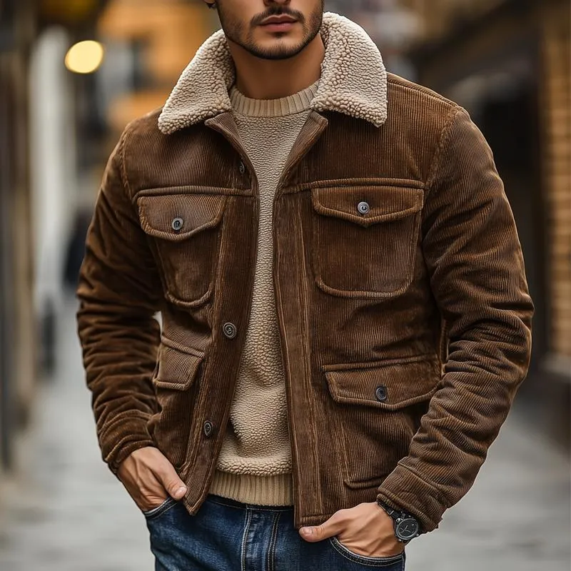 Men's Fleece Lapel Corduroy Multi-pocket Single Breasted Cargo Jacket 38277894Z sold by Manly product image thumbnail 2