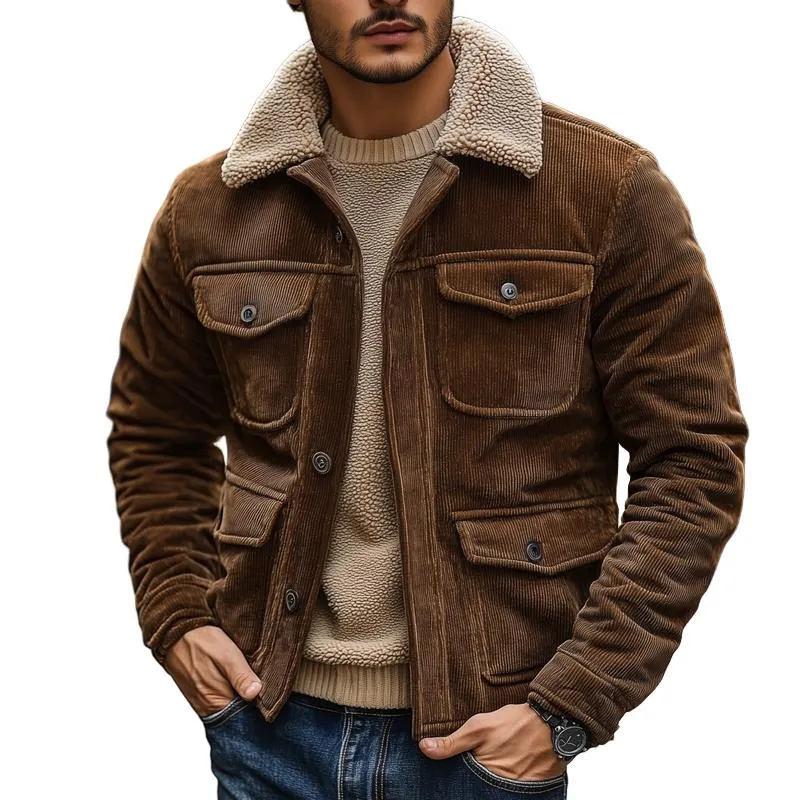 Men's Fleece Lapel Corduroy Multi-pocket Single Breasted Cargo Jacket 38277894Z sold by Manly