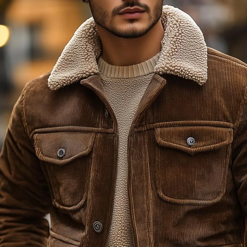 Men's Fleece Lapel Corduroy Multi-pocket Single Breasted Cargo Jacket 38277894Z sold by Manly product image thumbnail 3