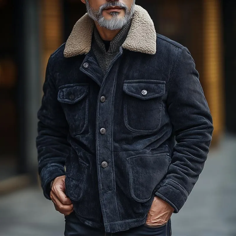 Men's Fleece Lapel Corduroy Multi-pocket Single Breasted Cargo Jacket 48738178Z sold by Manly product image thumbnail 2