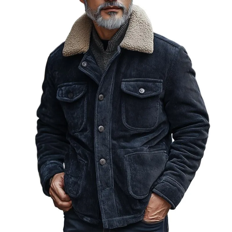 Men's Fleece Lapel Corduroy Multi-pocket Single Breasted Cargo Jacket 48738178Z sold by Manly