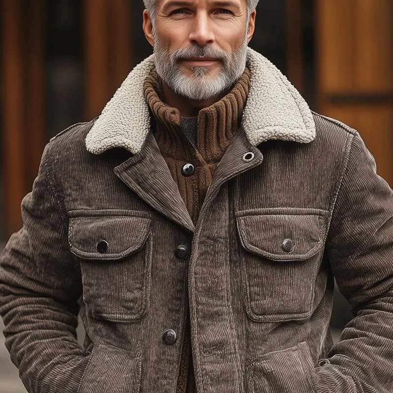 Men's Fleece Lapel Corduroy Multi-pocket Single Breasted Cargo Jacket 31711009Z sold by Manly product image thumbnail 3