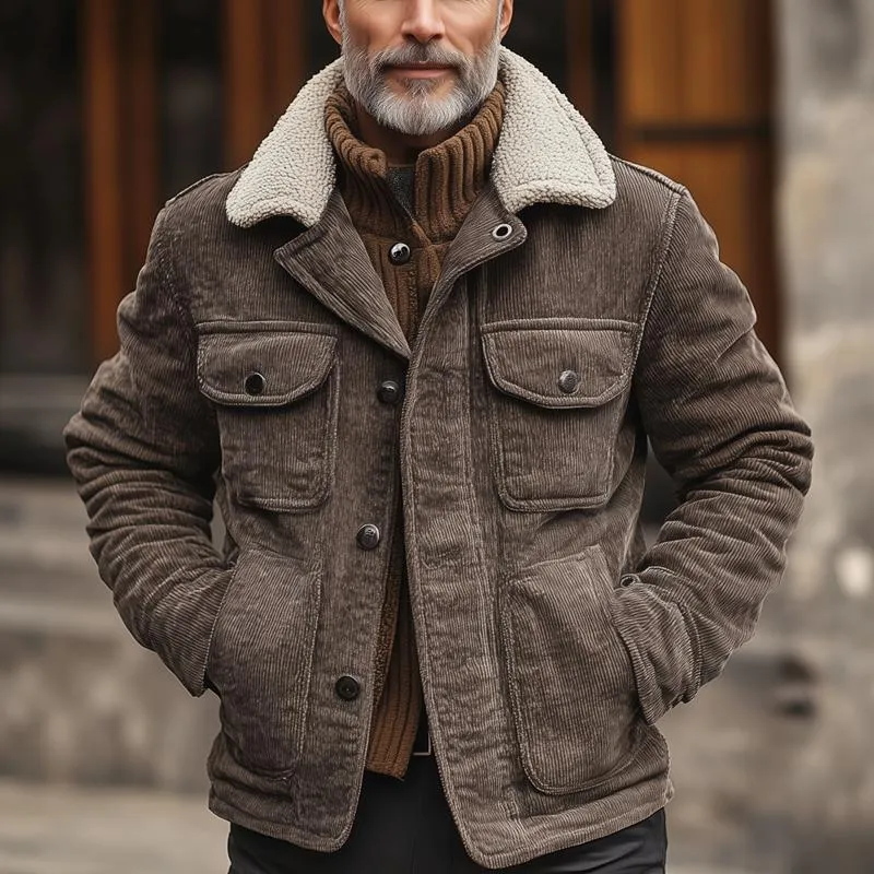 Men's Fleece Lapel Corduroy Multi-pocket Single Breasted Cargo Jacket 31711009Z sold by Manly product image thumbnail 2