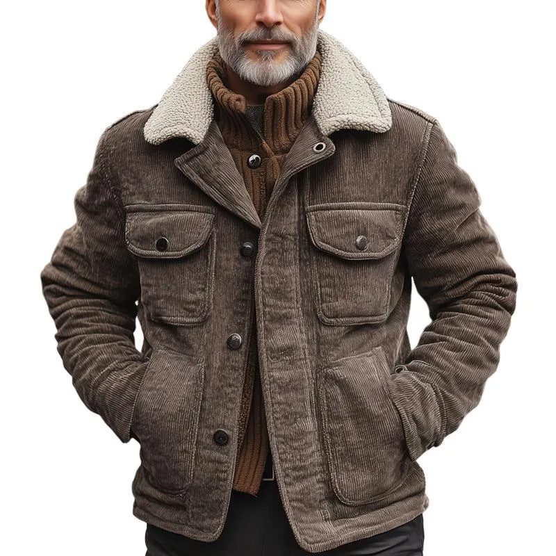 Men's Fleece Lapel Corduroy Multi-pocket Single Breasted Cargo Jacket 31711009Z sold by Manly