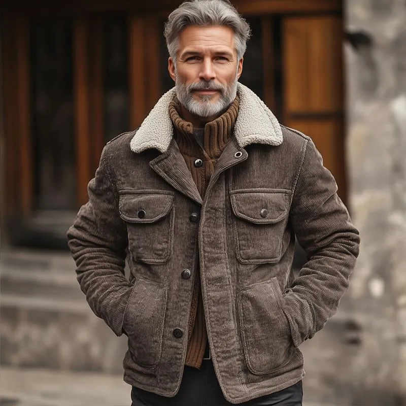 Men's Fleece Lapel Corduroy Multi-pocket Single Breasted Cargo Jacket 31711009Z sold by Manly product image thumbnail 4