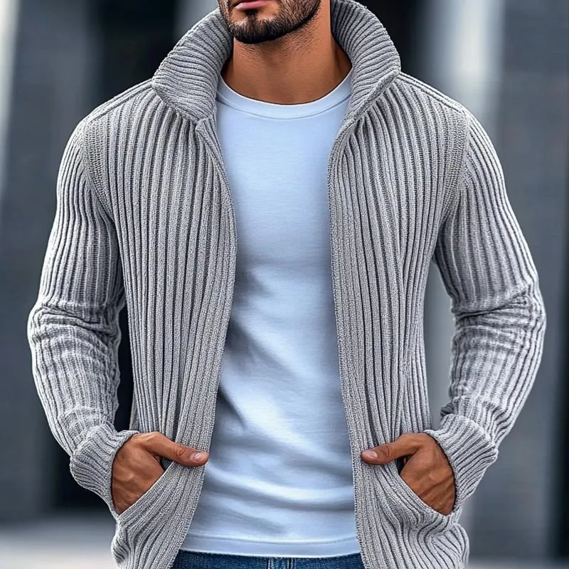 Men's Fashion Stand Collar Solid Striped Long Sleeve Long Knit Cardigan 21309682Z sold by Manly product image thumbnail 3