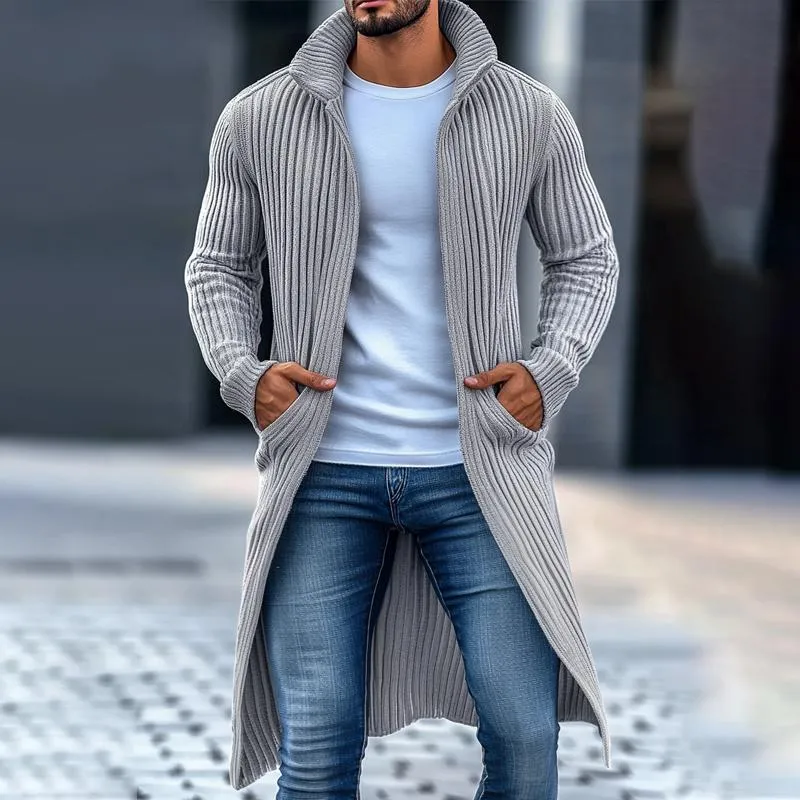 Men's Fashion Stand Collar Solid Striped Long Sleeve Long Knit Cardigan 21309682Z sold by Manly product image thumbnail 2