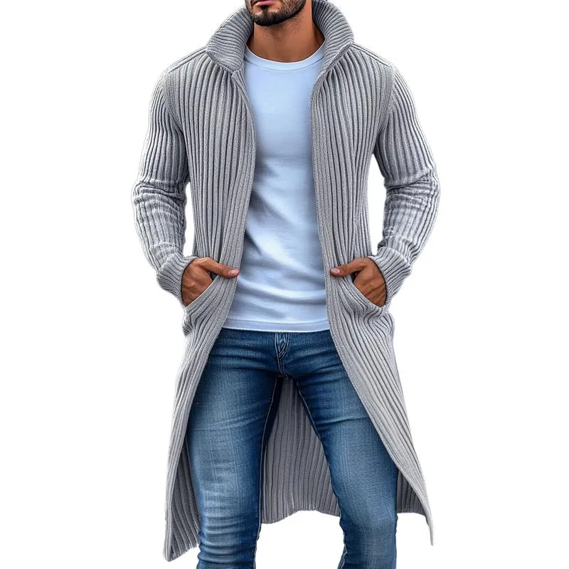 Men's Fashion Stand Collar Solid Striped Long Sleeve Long Knit Cardigan 21309682Z sold by Manly