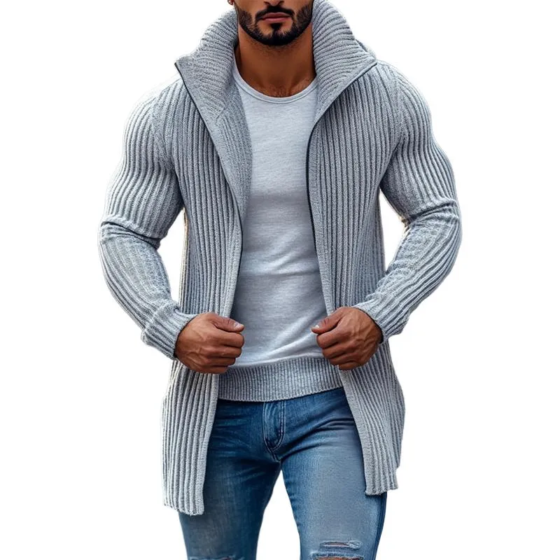 Men's Fashion Stand Collar Solid Striped Long Sleeve Mid-length Knit Cardigan 70689538Z sold by Manly