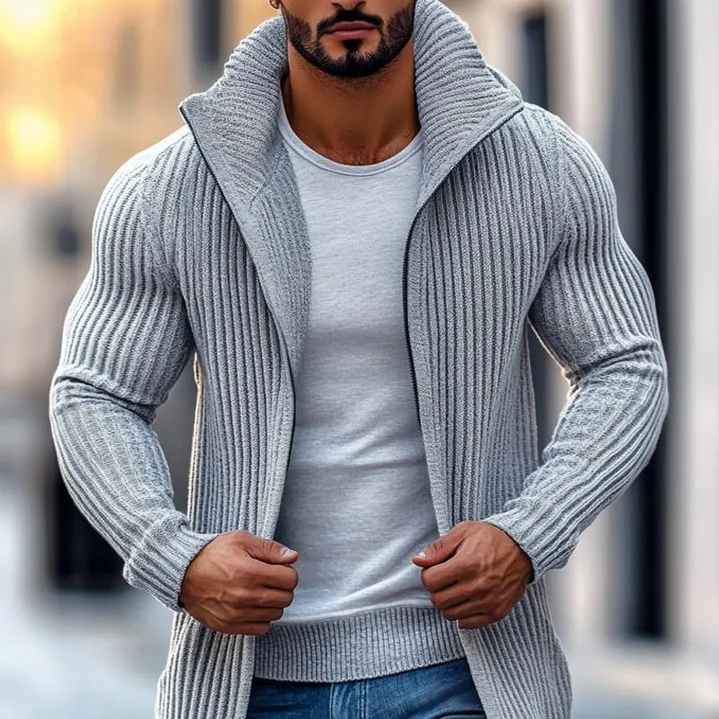 Men's Fashion Stand Collar Solid Striped Long Sleeve Mid-length Knit Cardigan 70689538Z sold by Manly product image thumbnail 3