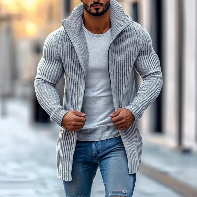 Men's Fashion Stand Collar Solid Striped Long Sleeve Mid-length Knit Cardigan 70689538Z sold by Manly product image thumbnail 2